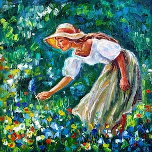 Mulher com flores Obra de arte Figurativa Original Arte a óleo Menina no campo Pintura impressionista Impasto Único
