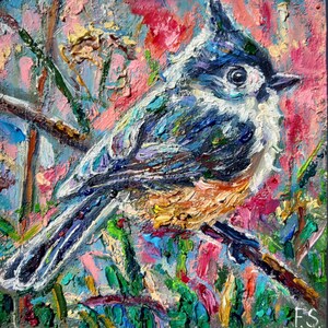 Pintura de pássaro, arte original em óleo, chapim-de-topete, obra de arte em miniatura, presente de empastamento impressionista