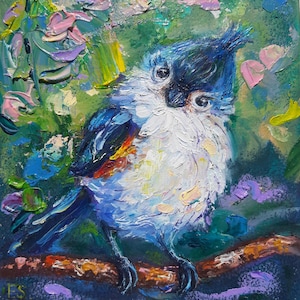 Pintura de pássaro de chapim-de-topete original Arte em óleo Pequena obra de arte em impasto