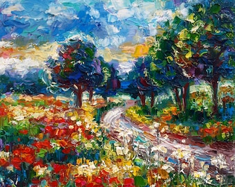Origineel schilderij van papaverveld olieverf op doek Meadow impasto