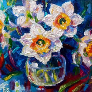 Daffodils Painting Original Oil art Small Impasto Flower Artwork