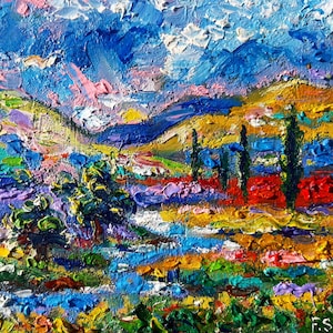 Peinture à l'huile de prairie Art original de paysage Petite oeuvre d'art Paysage de coucher de soleil
