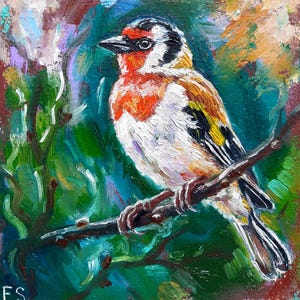 Pintura a óleo de pássaro original, arte de parede para pequenos pintassilgos, presente para amantes de pássaros