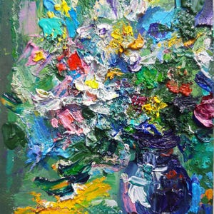 Mini pintura a óleo abstrata floral Flores originais Arte empastada