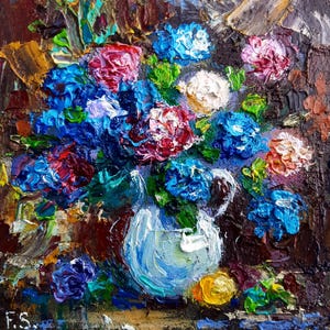 Pintura a óleo de hortênsia Floral Arte original Pequena obra de arte Flores empastadas