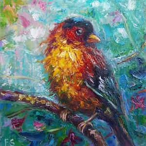 Pintura a óleo de pássaro Original pequena obra de arte Pássaro e flor