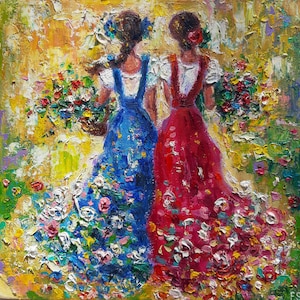 Niña con flores pintura al óleo arte figurativo original Mujer obra de arte impresionista Impasto Único