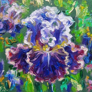 Iris peinture florale originale petite oeuvre d'art fleurs bleues miniature semi-abstraite Art mural 3D peinture impressionniste 5 x 5 cadeau