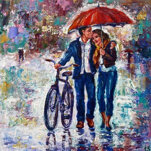 Pareja bajo paraguas Pintura Original Arte al Óleo Arte Mural Figurativo Lluvia Impresionista Impasto Obra de Arte