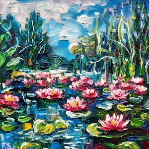 Pintura a óleo de nenúfar Lotus Arte original Monet Arte de parede Pequena flor Impressionista Lagoa Arte 7 x 7