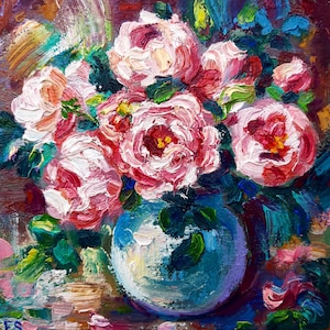 Pintura de rosas, flores originales, óleo, arte pequeño, peonías, empasto, flores, obra de arte semiabstracta
