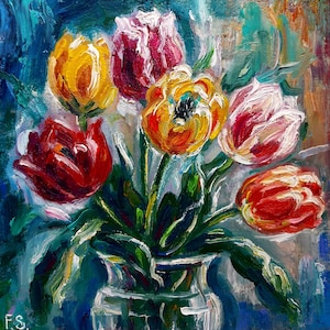 Pintura de tulipa Arte original em óleo Flores Impasto Arte Floral Pintura a óleo impressionista Arte floral para parede