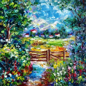 Pintura a óleo de paisagem rural, arte original, prado, obra de arte impressionista, impressionista, provençal, impasto, arte de parede