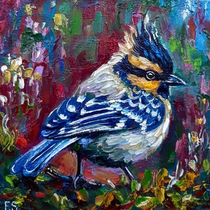 Pintura de pássaros, arte original em óleo, pequeno, impasto, colorido, pássaro, arte de parede, presente para amantes de pássaros