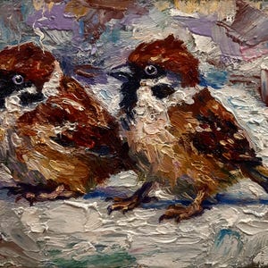 Pardal Pintura Casal Pássaros Original Óleo Arte Pássaro Pequena Arte Impressionista Impasto Arte de Parede Presente