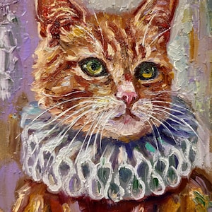 Middeleeuws kattenportret origineel olieverfschilderij klein kunstwerk kattenliefhebbers cadeau huisdier portret Impasto 6 x 7