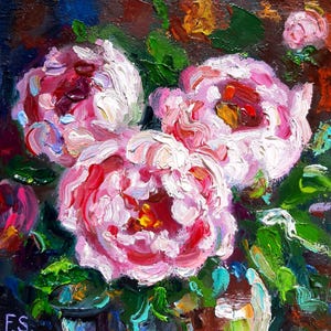 Pintura a óleo de peônias Arte floral original Pequena obra de arte Flores rosas empastadas