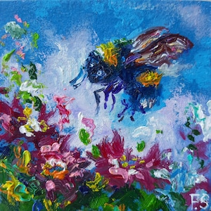 Pintura de abelha pequena obra de arte original em óleo Arte de parede de abelha