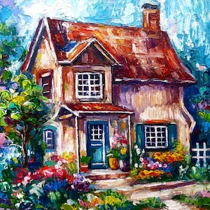 Cottage Garden Painting Original Oil art House small artwork