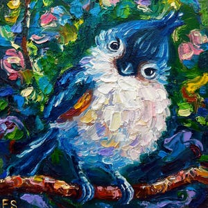 Pintura al óleo de pájaro Carbonero copetudo arte original Pequeña obra de arte regalo