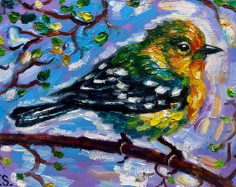 Dipinto di uccello originale, olio su olio, uccello giallo, impasto, impressionista