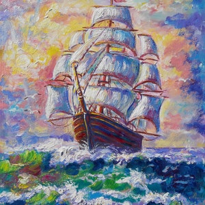Seascape Oil Painting Sailing ship Original Art Sunset Impressionist Artwork gift