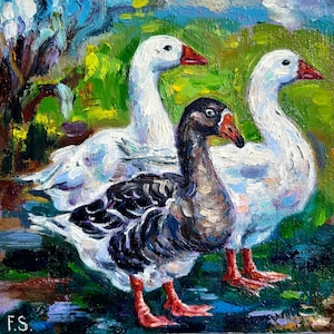Geese Painting Bird Original Oil art Farm Animal Small artwork Duck Wall Art Impressionist