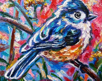 Tufted Titmouse Painting original oil Bird Small art Impasto impressionist