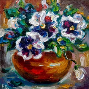 Pensamientos Pintura al óleo Arte floral original Arte mural pequeño Impasto Impresionismo