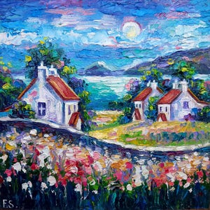 Pintura a óleo de casa de campo irlandesa, arte original, paisagem pequena, impasto, presentes