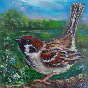 Petite oeuvre d&#39;art originale de moineau de peinture à l&#39;huile d&#39;oiseau