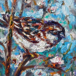 Pintura de pássaro pardal, pequena obra de arte original em óleo, arte de pássaro fofa