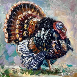 Turkey Painting Bird Original Oil Art Animal Small Artwork Bird Wall Art