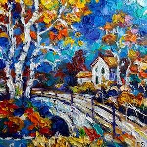 Pintura de campo Arte original em óleo Pequena arte Paisagem Impasto obra de arte impressionista