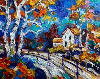 Schilderij van berkenbomen, impasto, origineel olieverfschilderij, klein landschap, impressionistisch