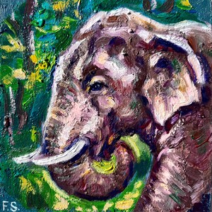 Pintura a óleo de elefante original pequena arte animal africano arte impasto presente