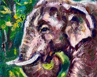 Elephant Painting Small Original Oil Art Animal Impasto Impressionist