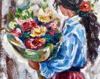 Flicka med blommor målning original olja figurativ impasto