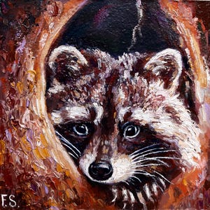 Dipinto ad olio di procione Animale originale Piccola arte Ritratto di procione Opera d&#39;arte