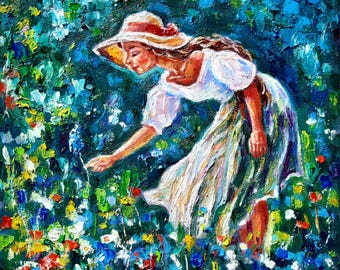 Kvinna med blommor målning original oljekonst impasto impressionist