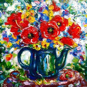 Pintura al óleo floral original Pequeña obra de arte flores Amapolas Arte