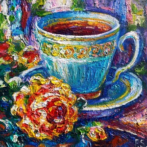 Xícara de café pintura a óleo original pequena natureza morta rosa e xícara cozinha parede arte impasto flor impressionista único
