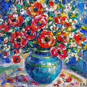 Pintura a óleo de papoulas Original Pequena Arte empastada flores