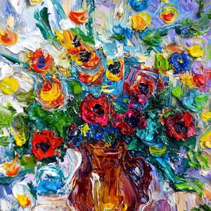 Mini Abstract Oil Painting Original Art Small Flowers Impasto Artwork Gift