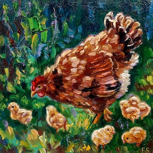 Pintura de frango, arte original em óleo, frango com pintinhos, pequena obra de arte, animal de fazenda, arte de parede, presente para amantes de frango