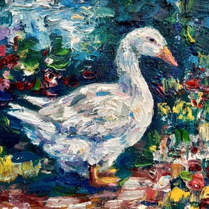 Pintura de ganso pássaro arte original em óleo pequena arte de fazenda pato miniatura pássaro arte de parede impasto