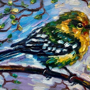 Pintura de pássaro Arte original em óleo Pequena obra de arte impressionista Pássaro amarelo impasto Arte de parede