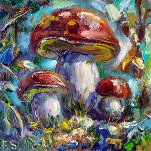 Pintura de cogumelo Arte original em óleo pequena obra de arte arte de parede de cozinha