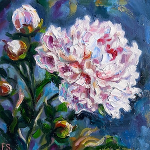 Pintura de peônia, arte original em óleo, floral, pequena obra de arte, pintura de flor rosa, peônia, arte de parede, impressão