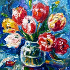Pintura de tulipa Arte original em óleo Pequenas flores Natureza morta Floral Impressionista Tulipa Arte de parede Impasto Artwork